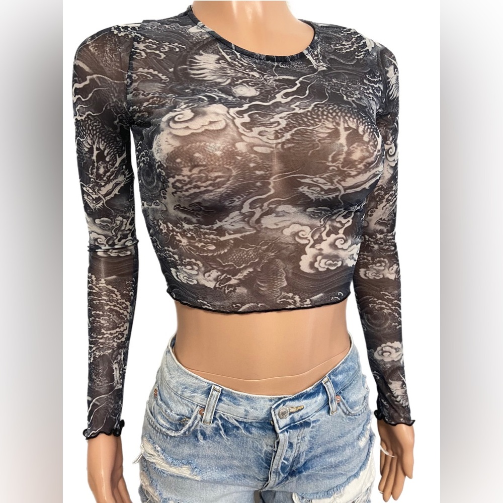 Sexy LONG SLEEVE DRAGON PRINT MESH cropped CROP TOP Raver party t-shirt New L/S